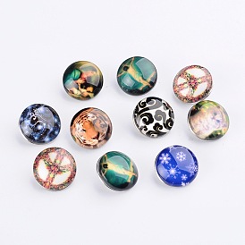 Mixed Flat Round Brass Jewelry Snap Buttons, with Resin/Glass Cabochons, 18x6~7mm, Knob: 5~5.3mm