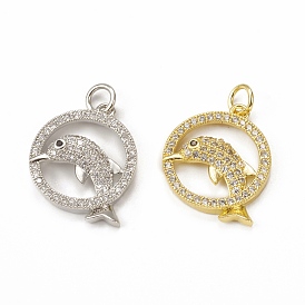 Brass Micro Pave Cubic Zirconia Pendants, with Jump Ring, Ring with Dolphin Charm
