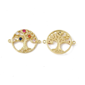 Brass Micro Pave Cubic Zirconia Connector Charms, Flat Round with Tree of Life Links, Real 18K Gold Plated