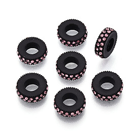 Alloy European Beads, with Crystal Rhinestones, Large Hole Beads, Flat Round, Black