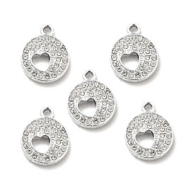 Alloy Rhinestone Pendants, Platinum Tone Flat Round with Hollow Out Heart Charms