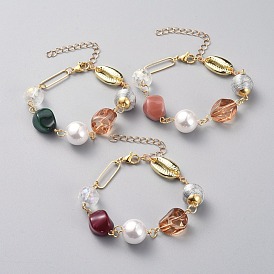 Pulseras de cuentas, con granos de acrílico, Abalorios de aleación, perlas de imitación de plástico, cuentas de tela de cordón de poliéster, 304 hallazgos de acero inoxidable y anillo de eslabones de latón