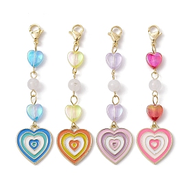 Heart Alloy Enamel Pendant Decorations, with 304 Stainless Steel Lobster Claw Clasps and Acrylic Beads