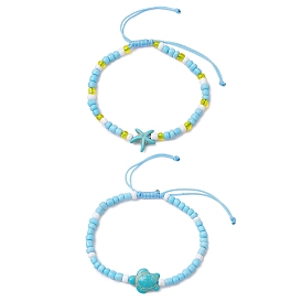 Synthetic Turquoise & Glass Seed Braided Bead Bracelets, Starfish & Tortoise