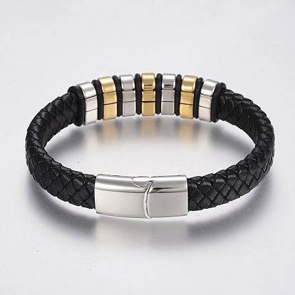 Braided Leather Cord Bracelets, with 304 Stainless Steel Beads Findings and Magnetic Clasps