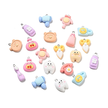 Opaque Resin Pendants, with Platinum Tone Iron Loops, Daily Necessities Charm, Fan & Cup & Telephone, Mixed Shapes