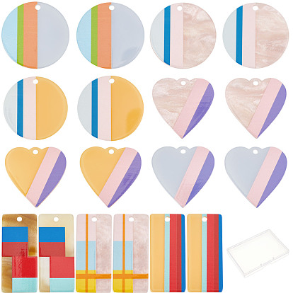 18Pcs 9 Color Acrylic/Cellulose Acetate(Resin) Pendants, 3D Printed, Heart & Flat Round & Rectangle