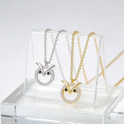 Brass Micro Pave Clear and Black Cubic Zirconia Owl Pendant Necklaces for Women