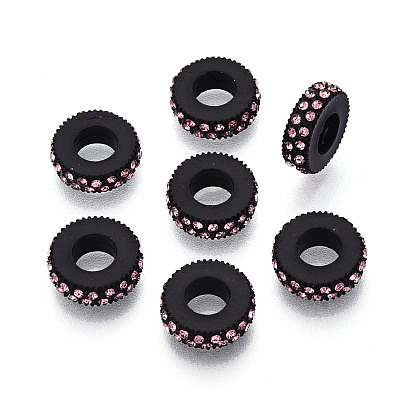 Alloy European Beads, with Crystal Rhinestones, Large Hole Beads, Flat Round, Black