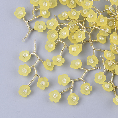 Acrylic Big Pendants, with Clear Glass Beads, Glass Seed Beads and Golden Plated Brass Wires, Flower