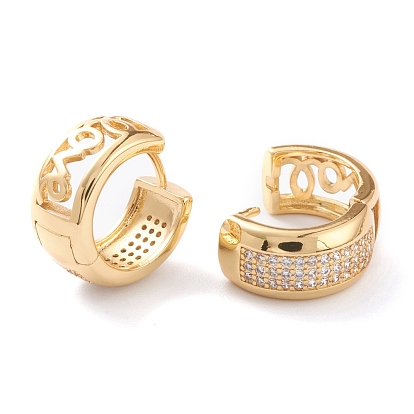 Brass Micro Pave Clear Cubic Zirconia Huggie Hoop Earrings, for Valentine's Day, Ring with Word Love