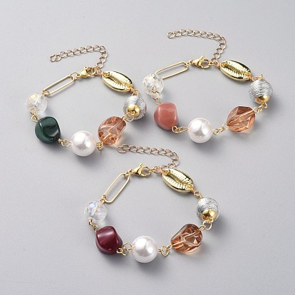 Pulseras de cuentas, con granos de acrílico, Abalorios de aleación, perlas de imitación de plástico, cuentas de tela de cordón de poliéster, 304 hallazgos de acero inoxidable y anillo de eslabones de latón