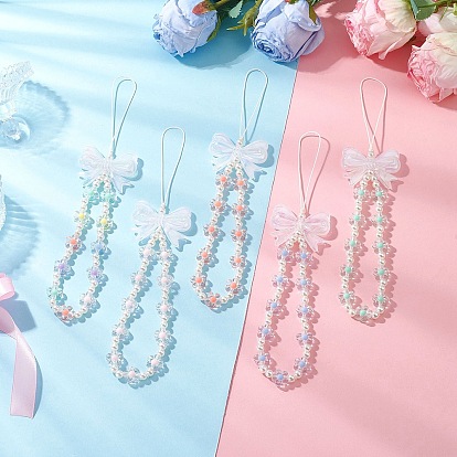 5Pcs Acrylic Mobile Straps, with Plastic Beads, Bowknot, Flower