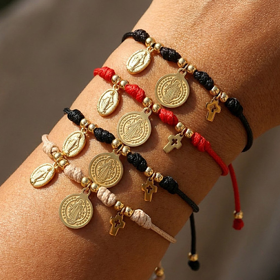 Bracelets en laiton et acier inoxydable avec pendentif croix et pièce vierge, cordon en nylon tressé, bracelet en cordon de nylon tressé., réel 14 k plaqué or