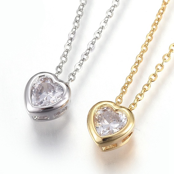 304 Stainless Steel Pendant Necklaces, with Brass Cubic Zirconia Pendant, Heart
