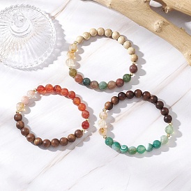 3Pcs Natural African Padauk Wood & Sandalwood & Wood & Striped Agate & Indian Agate & Citrine Round Beaded Stretch Bracelets for Women