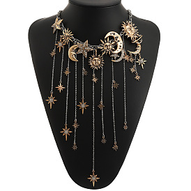 Колье-чокер из сплава с кристаллами, стразами, бахромой в виде луны и звезды., богемные нагрудные ожерелья с кисточками для женщин