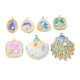 Тема океана 304 эмалированные подвески из нержавеющей стали, с пластиковой имитационной жемчужиной, золотые, подвеска в форме квадрата, ракушки и овала