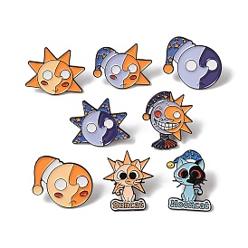 Enamel Pins, Black Alloy Brooches for Backpack Clothes, Sun Moon & Cat