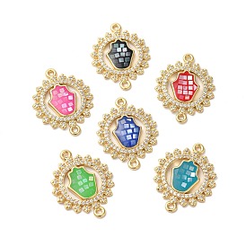 Rack Plating Brass Micro Pave Cubic Zirconia Flower with Hamsa Hand Connector Charms, with Enamel & Shell, Real 18K Gold Plated, Long-Lasting Plated, Lead Free & Cadmium Free