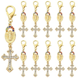 10Pièces pendentifs ovales en alliage avec strass et motif Vierge Marie et croix, avec fermoir pince de homard, or