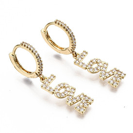 Boucles d'oreilles huggie huggie en laiton micro pave clair zircone cubique, pour Saint Valentin, mot d'amour, sans nickel
