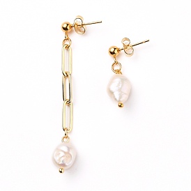Natural Cultured Freshwater Pearl Asymmetrical Earrings, with Brass Paperclip Chains, 304 Stainless Steel Stud Earring Findings and Ear Nuts