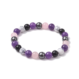 8mm Round Natural Obsidian & Dyed Quartz & Dyed Jade, Synthetic Howlite & Non-magnetic Hematite Beaded Stretch Bracelets for Women