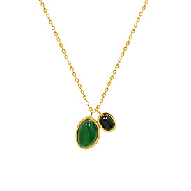 French Green Agate Irregular Double Pendant Titanium Steel Plated 18K Gold Necklace - Fashionable