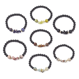 7Pcs Natural Mixed Stone Chips & Round Beaded Stretch Bracelets Set for Women