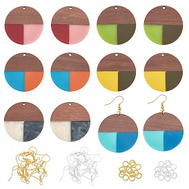 Kits de fabrication de boucles d'oreilles pendantes en bois de noyer, y compris 12 pcs 6 styles pendentifs ronds plats en résine et bois de noyer, boucles d'oreilles en fer crochets et anneaux de saut