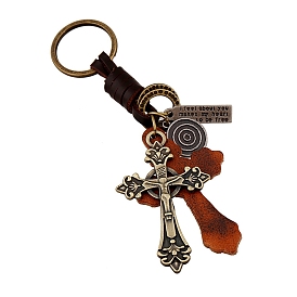 Cowhide & Alloy Pendant Keychains, with Alloy Rings, Cross & Rectangle with Word