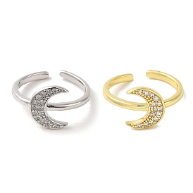 Rack Plating Brass Micro Pave Cubic Zirconia Cuff Rings, Long-Lasting Plated, Lead Free & Cadmium Free, Moon