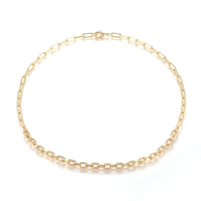 Brass Paperclip Chains Necklaces, with Clear Cubic Zirconia and Lobster Claw Clasps, Long-Lasting Plated