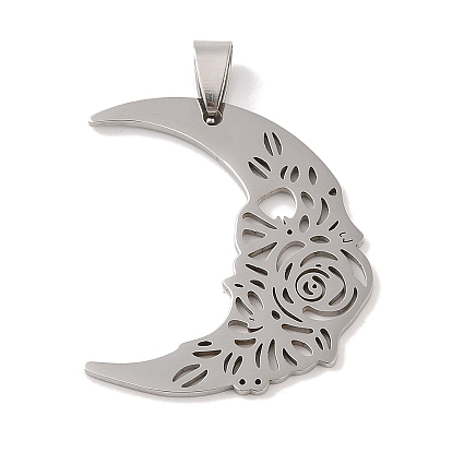 Pendentifs en acier inoxydable, lune avec charme rose