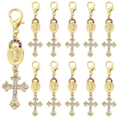 10Pièces pendentifs ovales en alliage avec strass et motif Vierge Marie et croix, avec fermoir pince de homard, or