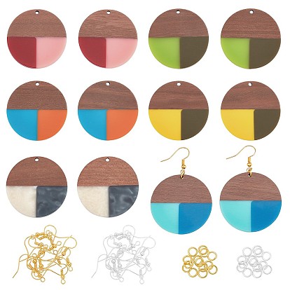 Kits de fabrication de boucles d'oreilles pendantes en bois de noyer, y compris 12 pcs 6 styles pendentifs ronds plats en résine et bois de noyer, boucles d'oreilles en fer crochets et anneaux de saut