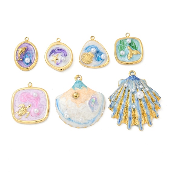 Тема океана 304 эмалированные подвески из нержавеющей стали, с пластиковой имитационной жемчужиной, золотые, подвеска в форме квадрата, ракушки и овала