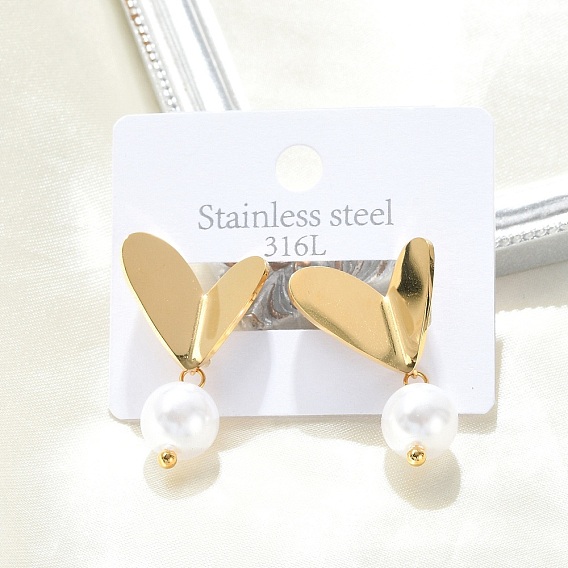 304 серьги-гвоздики из нержавеющей стали с имитацией жемчуга ABS, Сердце с круглыми, ионное покрытие (ip)