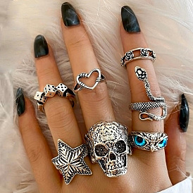 Набор колец из ретро сплава и смолы, включают кольца для пальцев/манжеты, череп/морская звезда/сердце/сова