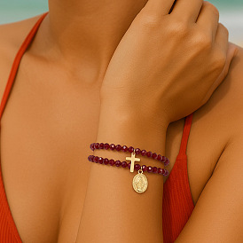 Элегантные латунные браслеты с подвесками, стеклянные круглые бусины эластичные браслеты для женщин, золотые