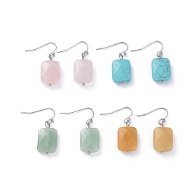 Faceted Gemstone Dangle Earrings, with 304 Stainless Steel Ball Head pins and 316 Surgical Stainless Steel Earring Hooks, Rectangle