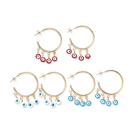 304 Stainless Steel Dangle Stud Earrings, Half Hoop Earrings, with Brass Enamel Charms and Ear Nuts, Evil Eye, Golden