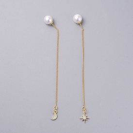 Ear Threads, with Brass Micro Pave Cubic Zirconia Charms, Brass Stud Earring Findings and Acrylic Imitation Pearl Ear Nuts, with Cardboard Packing Box, Moon & Star