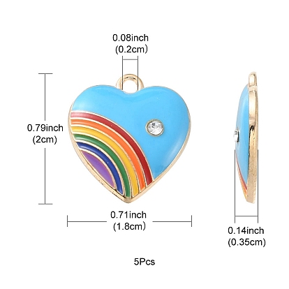 Alloy Enamel Pendant, with Rhinestone, Heart with Rainbow Charm