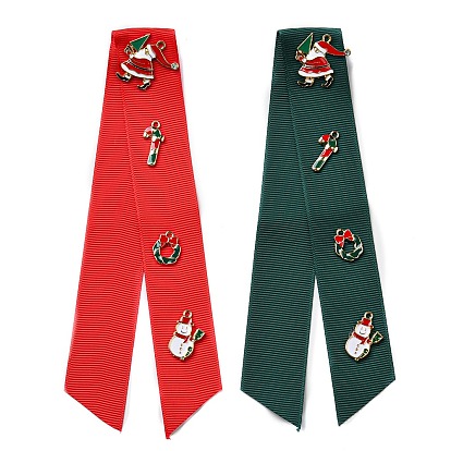 Christmas Polyester Ribbon Safety Pin Brooch, with Alloy Enamel Santa Claus & Candy Cane & Wreath & Snowman, Iron Pin