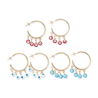 304 Stainless Steel Dangle Stud Earrings, Half Hoop Earrings, with Brass Enamel Charms and Ear Nuts, Evil Eye, Golden