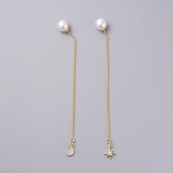 Ear Threads, with Brass Micro Pave Cubic Zirconia Charms, Brass Stud Earring Findings and Acrylic Imitation Pearl Ear Nuts, with Cardboard Packing Box, Moon & Star