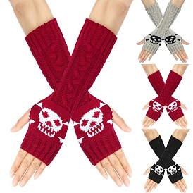 Acrylic Fiber Knitted Mittens Fingerless Gloves, Skull Pattern Winter Warm Stretch Long Sleeve for Women