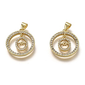 Brass Micro Pave Clear Cubic Zirconia Pendants, Long-Lasting Plated, for Mother's Day, Flat Round with Word Mom